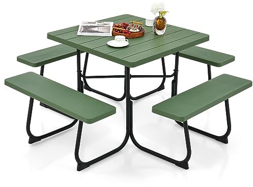 COSTWAY Sitzgarnitur für 8 Personen, Picknicktisch mit Schirmloch & 4 Bänken, quadratischer Gartentisch, Gartengarnitur, Gartenmöbel, Sitzgruppe für Garten, Terrasse (Grün)