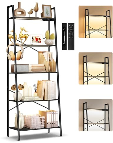 OUTONLIFE 5 Ebenen Breites Leiterregal mit LED-Beleuchtung, Touch- & Fernbedienung, 3 Farbtemperaturen, Dimmbares Hohes Stand-Eckregal aus Metall und Holz für Wohnzimmer, Schlafzimmer, Büro