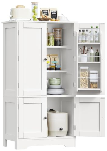 TEENFON 43'H Pantry Cabinet with 4 Doors, Kitchen Cabinet with 6 Door Shelves, Storage Cabinet-Kitchen Pantry for Living Room, Dining Room, Bathroom, White