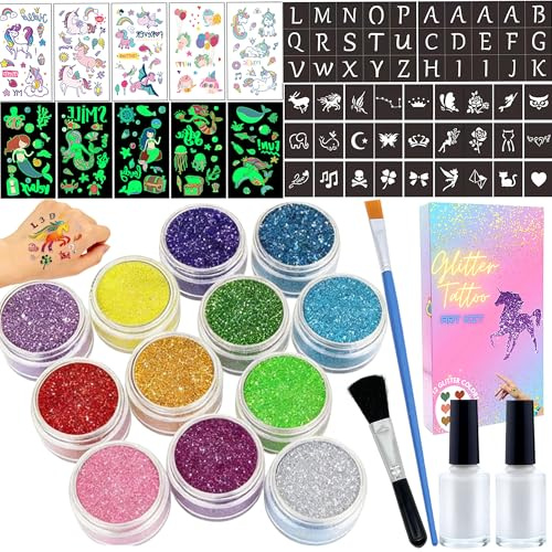 MarckersHome Glitzer Tattoo Set, Temporäre Tattoos für Kinder mit Einhorn Meerjungfrau Schablonen Cartoon Aufklebern, 12 Glitzerfarben, wasserdicht, Partybeutel-Füller, tolles Geschenk