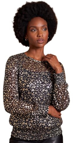 Roman Originals Spot Print Plisse Shirred Top for Women UK - Ladies Everyday Autumn Winter Round Neckline Comfy Soft Evening Vacation Work Party Night Out