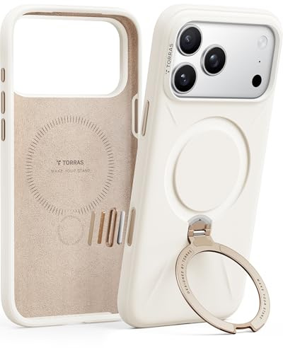 TORRAS Ostand Q3 Silikon für iPhone 17 Pro Hülle (Top Flüssigsilikon) (360° Magnetischer Ständer) Fallschutz Handyhülle mit Kamera-Tastenschutz für iPhone 17 Pro Case mit Schockabsorption Weiß