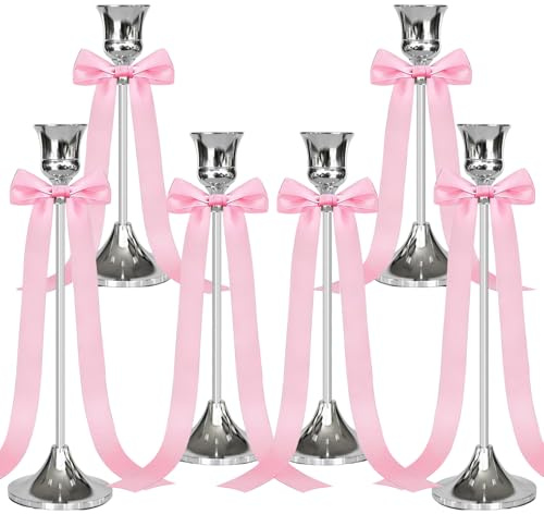 SparkleJoy 6 Set Kerzenständer Silber mit Rosa Schleife,22/19/16CM Höhe Kerzenhalter Stabkerze, Dekorative Silberne Vintage für Geburtstagsessen, Jubiläum, Hochzeit, Heimdekoration (Silber, 6)