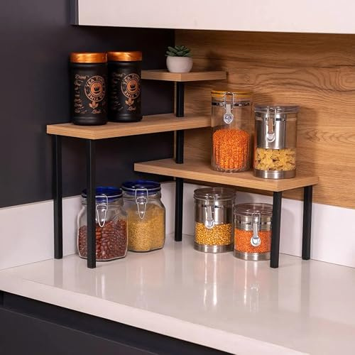 HAOWYYUU Eckregal Küche Arbeitsplatte Ecke, 3 Stufiges Küchenregal Verstellbarer Küchen Organizer Gewürzregal Stehend