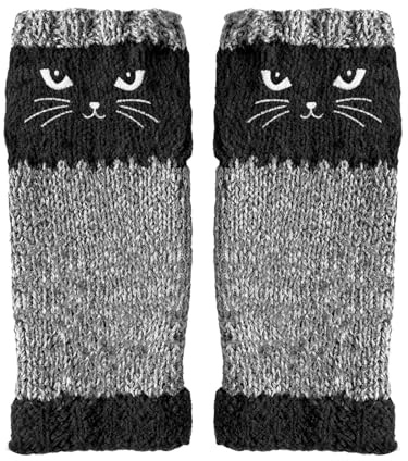 EDAT Strickhandschuhe im Vintage-Stil mit niedlicher Katzenstickerei, fingerlos, warme Winterhandschuhe mit Katzenmotiven(Black)