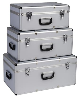 Kreher® Transportkoffer 3er Set - Robuste, abschließbare Werkzeugkoffer aus Aluminium & ABS - Stapelbares Kofferset für Werkzeug, Elektronik & Equipment - Schwarz oder Silber (Silber)