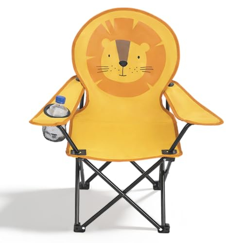 Sunula Kinder Klappstuhl Outdoor mit Motiv Löwe & Getränkehalter - Stabiler Leichter Campingstuhl für Angeln Garten Picknick Gelb