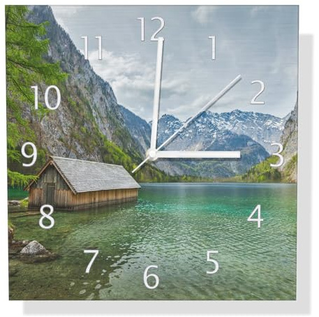 Wallario Design Wanduhr Berghütte an See aus Aluverbund, Alu-Uhr Größe 30 x 30 cm, weiße Zeiger mit Metalloptik