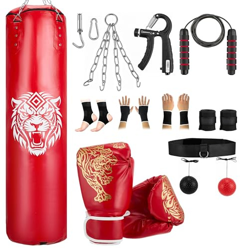 Juego de saco de boxeo para adultos, 120 cm, saco de boxeo pesado con guantes de boxeo de 10 oz, entrenador de agarre, cuerda de saltar, pelota reflex, envoltura de mano, montaje en techo, kit