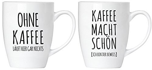 BRUBAKER Ohne Kaffee läuft hier gar nichts! Kaffee macht schön - Tassen Set inkl. Geschenkpackung und Grußkarte - Kaffeetassen Geschenkset - Kaffeebecher Lustig aus Keramik für Büro und Zuhause
