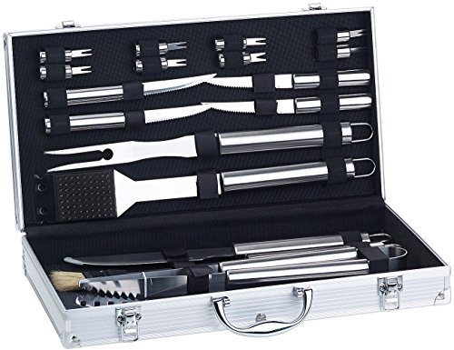 Rosenstein & Söhne 18-teiliges Edelstahl-Grillbesteck-Set, Aluminium-Koffer, Grillbürste