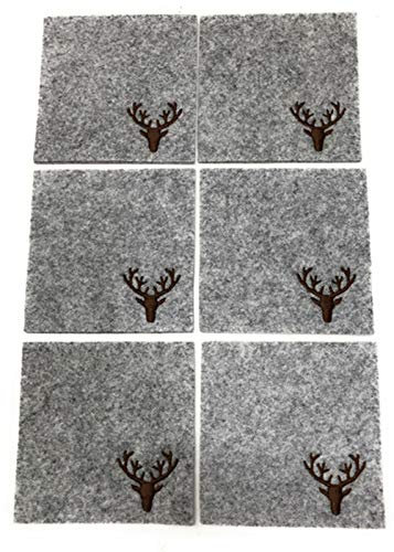 Handwerk Gilde Glasuntersetzer Filz 10x10 cm 6 Stück hellgrau mit braun gesticktem Hirsch