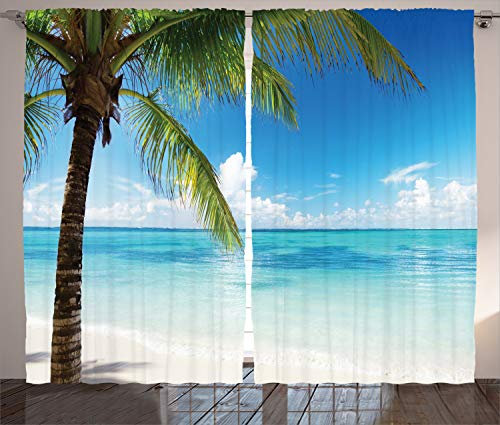 ABAKUHAUS Ozean Rustikaler Gardine, Exotische Strand-Küstenlinie, Schlafzimmer Kräuselband Vorhang mit Schlaufen und Haken, 280 x 260 cm, Grünes Blau Weiß