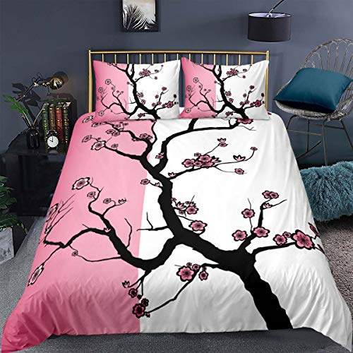 Japanese Comforter Cover,Sakura Tree Cherry Blossom Duvet Cover Set Super King,Drawing Design Contrasting Colors Print Decorative 3 Piece Bedding Set with 2 Pillow Shams,Pink Black & Zippers Ties