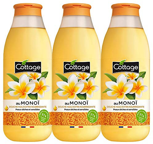 Cottage -Gel douche Huile MONOI - Peaux sèches et sensibles - 97% d'ingrédients d'origine naturelle, lot de 3 * 560ml
