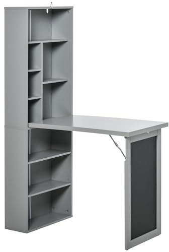 HOMCOM Wall Mounted Computer Desk, Folding Study Table with Black Board and Bookshelf, Multifunctional Floating Writing Desk for Home Office, Grey