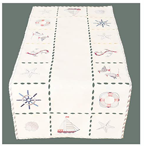 heimtexland ® Tischwäsche Nordsee Maritim Bestickt Blau Rot Esszimmer Tischdeko Typ737 Tischläufer 40x90 cm