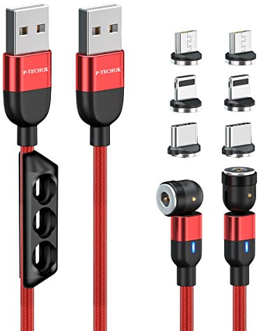 P-TECHUK 540° Rotating Magnetic 3 in 1 Charging Cable, Phone Magnetic Charging Cable, Magnetic Charger Cable, Magnetic cable. (2 x 1M cable, 6 tips, 1 x tip holder) A15