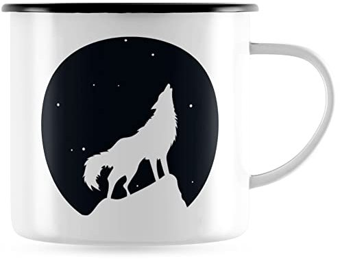 JUNIWORDS Emaille-Tasse, Wolf, heulend, Schwarzer Tassenrand