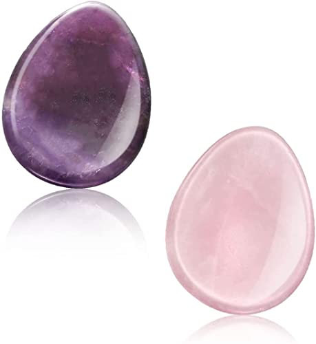 2 paquetes de piedras de preocupación para la ansiedad, cuarzo rosa natural amatista cristales curativos Set, Chakra Reiki Piedras de bolsillo piedras de la palma de la mano