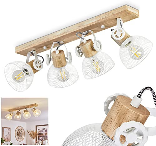 Deckenleuchte Orny, Deckenlampe im Vintage-Design aus Holz/Metall in Natur/Weiß m. Schirmen in Gitter-Optik, Leuchte m. Holzbalken, Textilkabeln u. verstellbaren Strahlern, 4 x E27, ohne Leuchtmittel