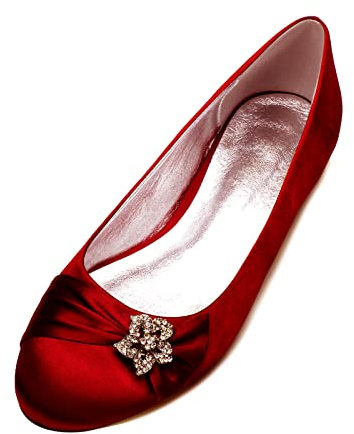 HYMYSUNY Women's Bride Wedding Shoes Satin Rhinestone Closed Toe Pumps Ankle Buckle Ballet Flats Slip on Bridal Shoes,Dark Red,10 UK