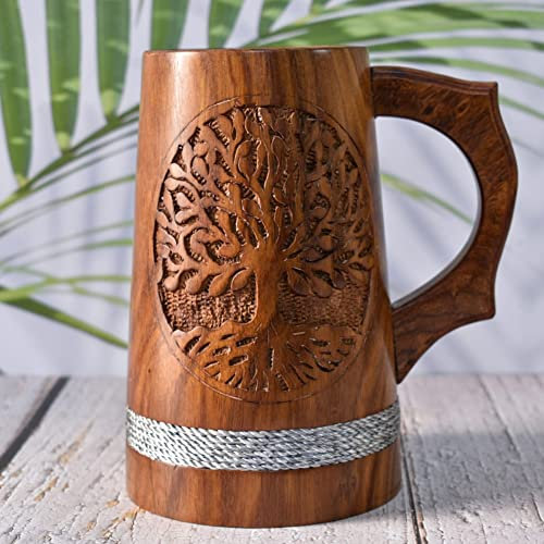 Chope à Bière Indienne Style Viking - 20 OZ en Bois Dur Naturel - Cadeau de Mariage pour Lui - Gravure Recto-Verso en Bois de Sheesham