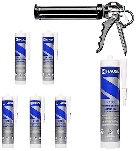 Set 6x Konstruktionskleber HK1000 + Kartuschenpresse High Tack MS Polymer Montagekleber 400kg/10cm² nach 3h für Innen & Außen Baukleber Alleskleber Spiegelkleber Steinkleber 290ml weiß HAUSA