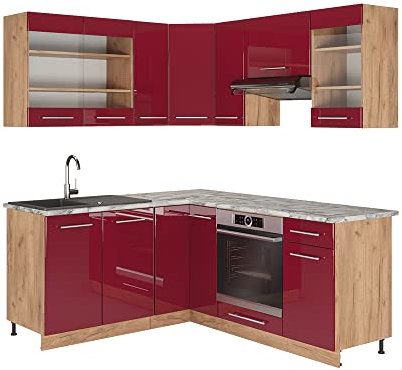 Vicco Eckküche Fame-Line, Bordeaux Hochglanz/Goldkraft Eiche, 160 x 60 cm ohne Arbeitsplatte