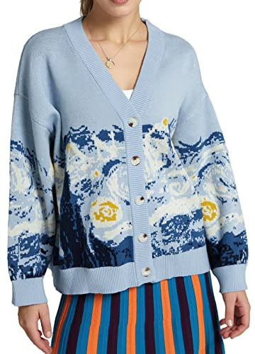 LILILEIDY Van Gogh Cardigan vintage en tricot automne hiver pull manteau paresseux col en V veste ample, Nuit étoilée, M