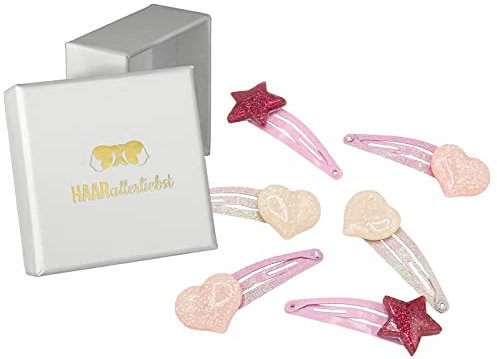 Haarallerliebst Haarspangen Set für Kinder – 6 Stück Sterne und Herzen mit Glitzer inkl. Aufbewahrungsbox weiss – Ideal für dünnes bis dickes Haar