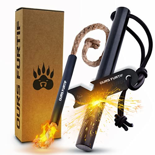 Kit Firesteel XXL - Pierre à Feu de Survie - Barre Magnésium Tendre de qualité 12mm - 20 000 utilisations - Amadou Inclus + Paracorde + Pochette - Accessoire Camping, Bushcraft, Randonnée