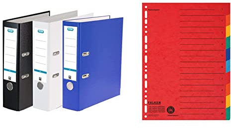 Elba Ordner A4, Smart Pro, 8 cm breit, 3 Farben, 3 Stück & Original Falken Karton-Register überbreit für DIN A4+ 240 x 297 mm volle Höhe mit Organisationsdruck 10-teilig vollfarbig 2 x 5 Farben