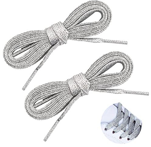 Vesaneae 2 Paires Lacets Plats à Paillettes pour Chaussures, 115cm 11mm, Polyester pour Sneakers Baskets Femme Homme (Argent)