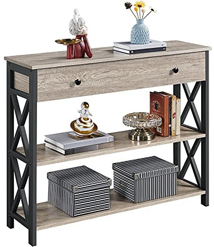 Yaheetech Konsolentisch Beistelltisch mit 1 Schublade und 2 offenen Fächern Sideboard Flurtisch Metallgestell Eingangtisch aus Holz Sofatisch für Wohnzimmer/Eingang/Flur, 100 x 30 x 80 cm