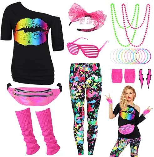 80er Jahre Outfit Damen 80 er Jahre Fasching Kostüm Zubehör Rosa Set mit Bauchtasche Haarband Ohrring Netzhandschuhe Gläser Armband Halskette Leggings Neon Kleidung Bad Taste Outfit Damen VL018XXXL