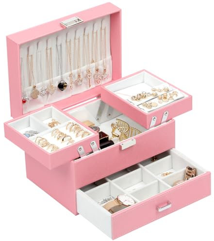 Dajasan Portagioie Donna, 3 Livelli di Scatola Portagioie Grande con 1 Cassetto, Portagioie in Pelle PU, Scatola Porta Gioie, per San Valentino, Natale e la Festa della Mamma (Rosa)