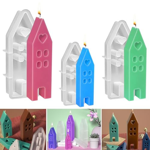Silikonformen Gießformen Häuser, 3 Stk Silikonformen Häuser, Silikonform Gießformen Haus, 3D Kerzenform Gießform zum Gießen, Silikon Kerzenhalter für Kuchen Seife Kerzen Gip, DIY Deko & Geschenk