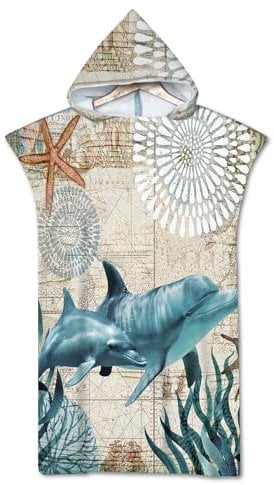 Rowjoy Strandtuch Poncho, Ozean Tier Drucken Surf Poncho, Blau Unterwasser Welt Strandtuch mit Kapuze, Handtuch Poncho Schnell Trocknender Badeponcho für Erwachsene (Whale2-75x110cm)
