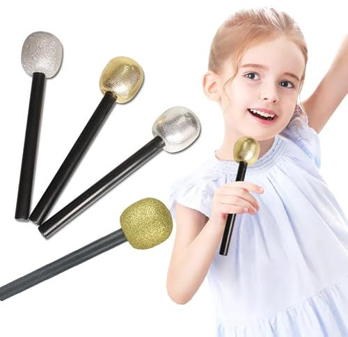 PEIQICHU 4 Packs Fake Microphone for Photo Booth Props Glitter Funny Party Accessory Plastic Microphone Toy Simulate Kids Costume Prop Mic Accessory Bling Silver & Gold Color