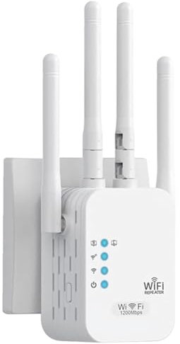 Répéteur WiFi 1200 Mbps 5G + 2.4G Double Fréquence Amplificateur WiFi Signal Booster,4 Antennes,2 RJ45 Ports,Mode Repeteur/Routeur/AP,WiFi Extender Couverture de 200 m² for Home and Outdoor