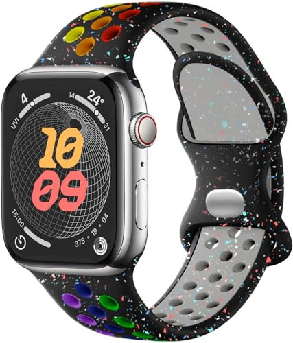 Upeak Sport Cinturino Compatibile con Cinturino Apple Watch 40mm 41 mm 38mm, Bracciale Silicone Traspirante con Fiocchi Colorati, per iWatch Ultra SE Serie 9 8 7 6 5 4 3 2 1, S, Nero/Arcobaleno