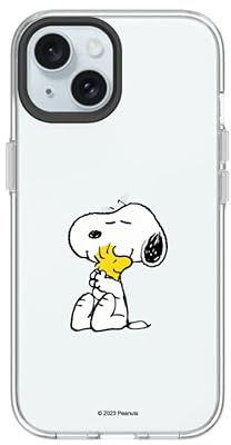 RhinoShield Crystal Clear Case kompatibel mit [iPhone 15] | Fortschrittliche Vergilbungsresistenz, Hohe Transparenz und Transparente Schutzhülle - Schwarz Kamera-Ring [Snoopy & Woodstock Hug]