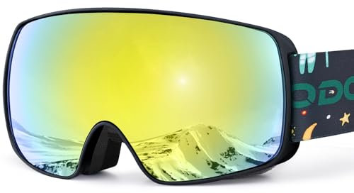 Odoland Skibrille Kinder, UV-Schutz Snowboardbrille OTG mit Anti-Nebel für Jungen Mädchen, Verspiegelt Schneebrille Helmkompatible für Skifahren Snowboard Skaten Gold