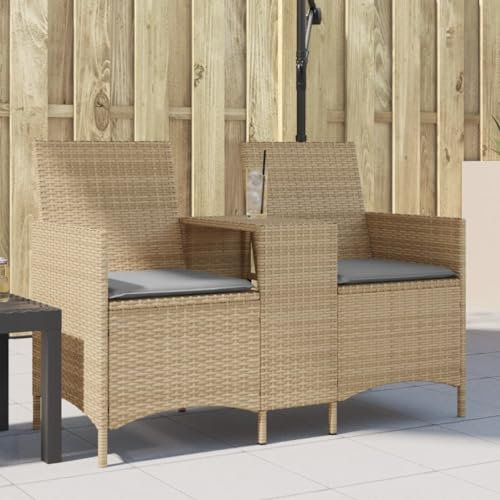 vidaXL Gartensofa 2-Sitzer, Gartenbank mit Tisch Kissen, Sitzbank für Garten Terrasse Balkon, Gartenmöbel Gartensessel, Beige Poly Rattan