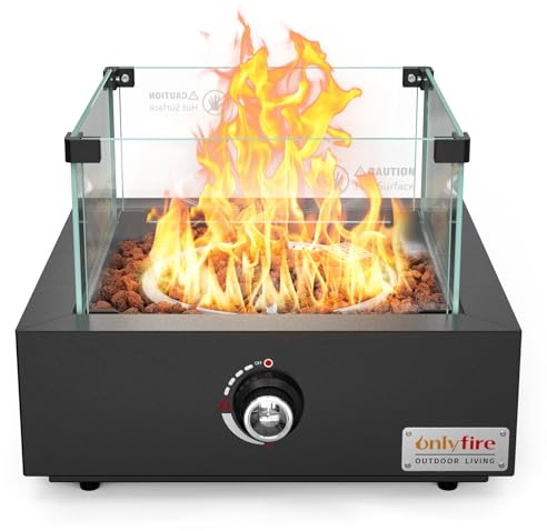 Onlyfire Foyer à gaz de table, chauffage de terrasse extérieur avec entrée d'air arrière, roches de lave et protection contre le vent en verre, foyer au propane pour terrasse, jardin, restaurant