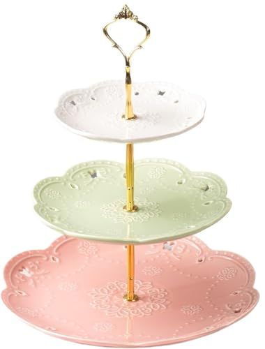Eplze 3-Tier Ceramic Cake Stand-Embossed Lace(White& Green&Pink,Gold Rod)