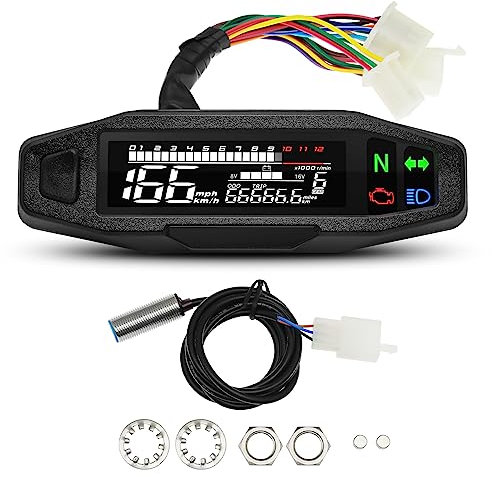 Motorrad Digitaler Tachometer, Drehzahlmesser mit LCD Display, Blinker, Hintergrundbeleuchtung, Kilometerzähler und Vergaser für die meisten Motorradmodelle(mit Stützen and Sensors)