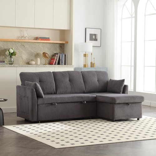 MQLAE Sofa mit Schlaffunktion 130x206, Multifunktionales Schlafsofa mit Stauraum und ausziehbares Bett, Schlafcouch mit Bettkasten, Modulares Couch L Form, Ecksofa für Wohnzimmer, Dunkelgrau Velvet
