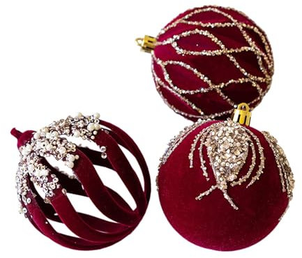 Weihnachtskugeln Samt Weihnachtsdeko Kugeln - Beflockte Weihnachtskugeln Weinrot Glitzer | Kleine Hängende Kugeln 3 Stück, Weihnachtskugeln Beflockt Weinrot für Hochzeitsfeier u